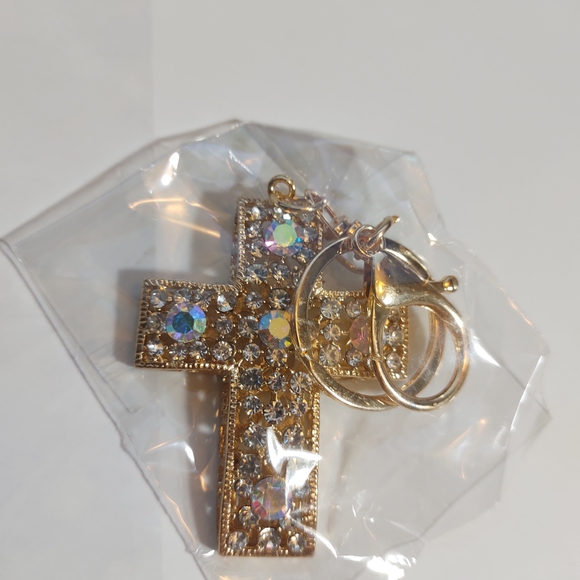 Gold and Blue Rhinestone Cross Keychain - Picture 3 of 3